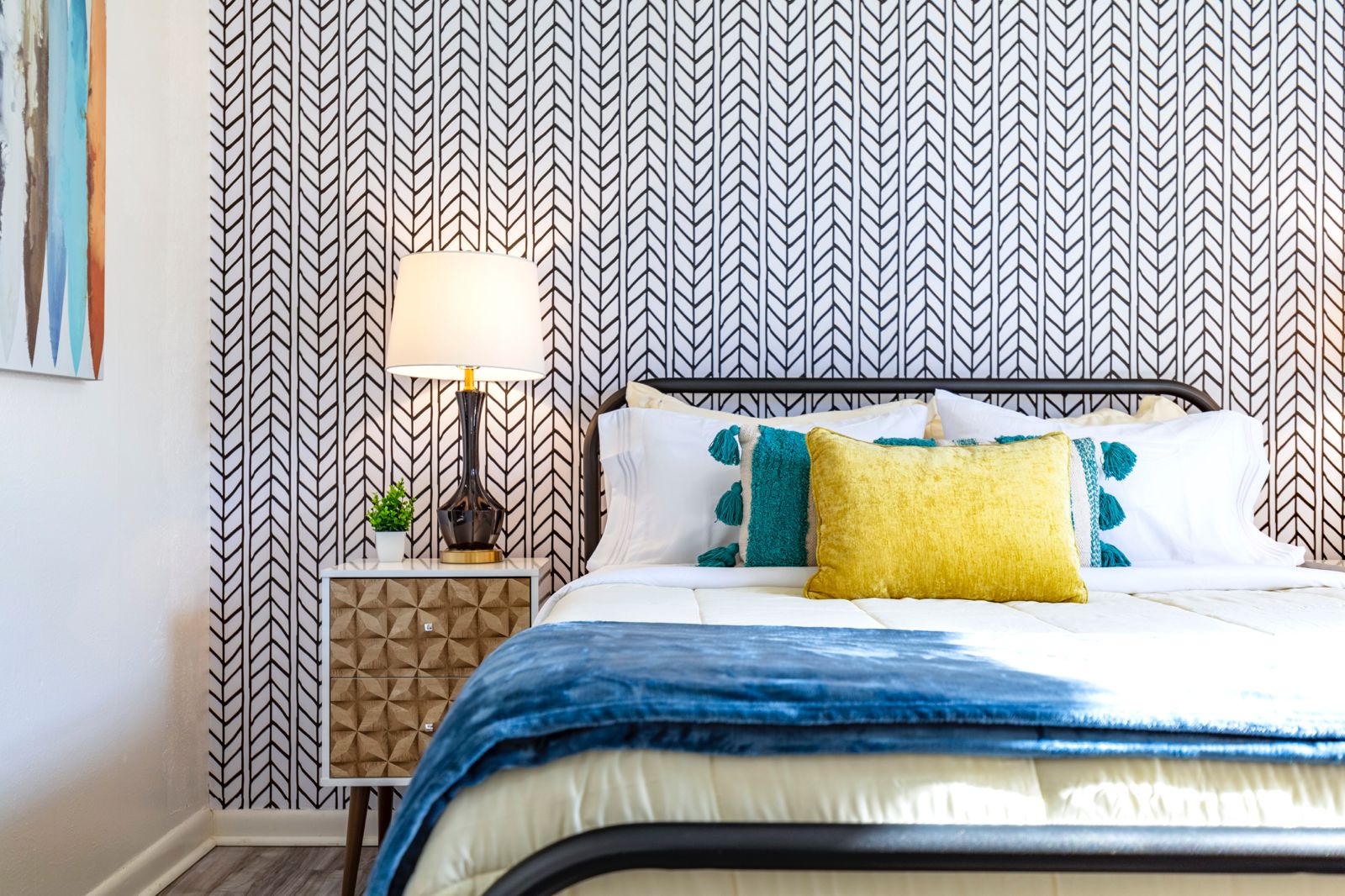 Contemporary Bedroom with Geometric Wallpaper
