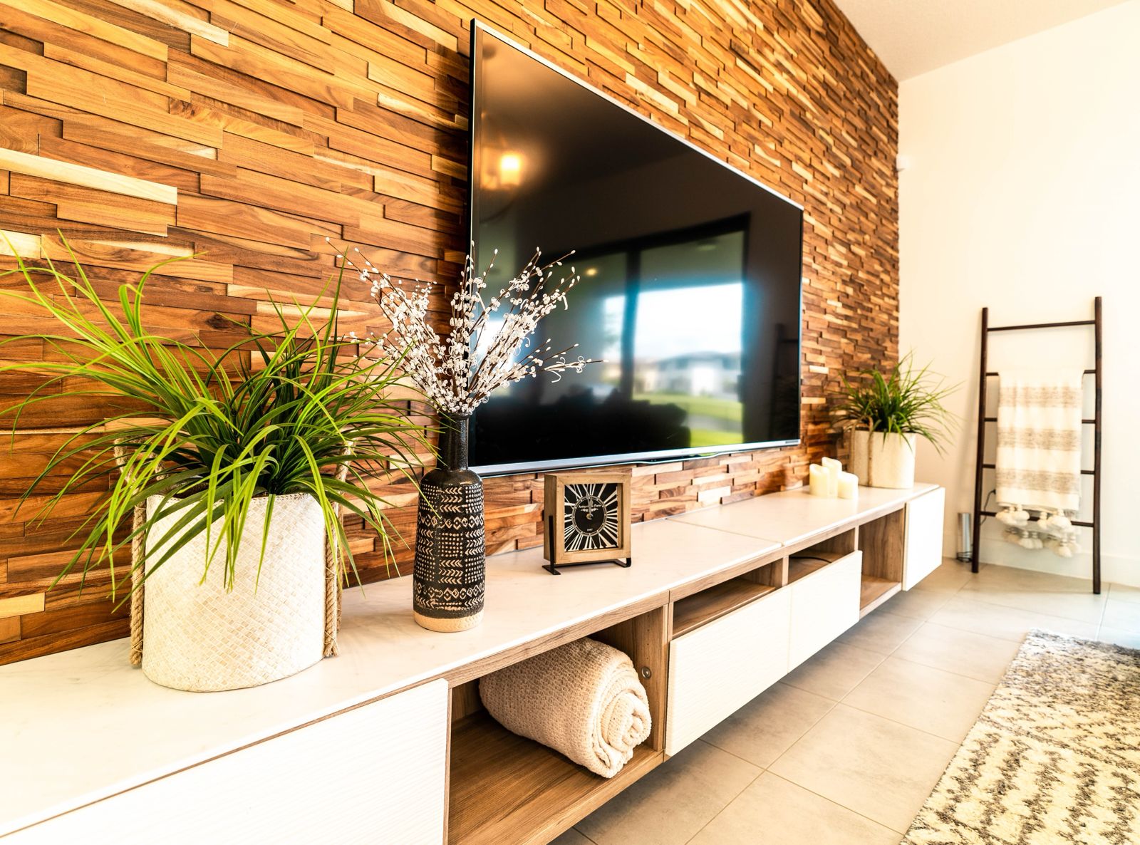 Modern Living Room with Wood Accent Wall