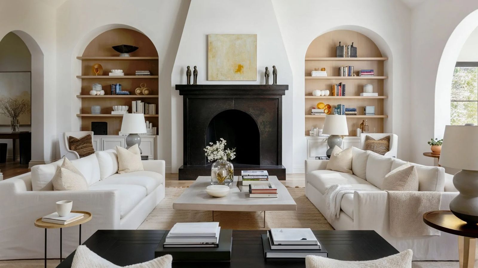 Elegant luxury living room with fireplace and built-in arched shelving - Analia's Design Dallas Texas