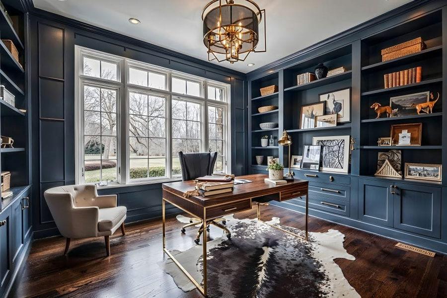Elegant home office design with navy blue built-in shelving and wooden desk